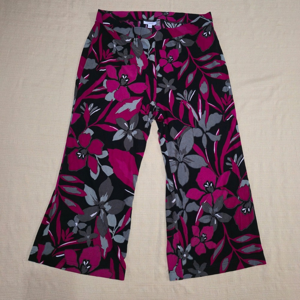 Chicos Travelers Floral Wide Leg Pants Pink Black Grey Size 2 Large 4502136861